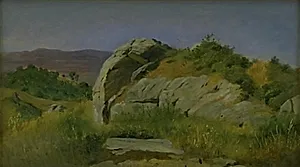 Landskab med klippe i forgrunden. Civitella, Italien by Johan Thomas Lundbye