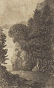 Landskab med klipper og store træer, t.h. to mænd by Heinrich Grosch
