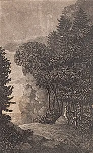 Landskab med klipper og store træer, t.h. to mænd by Heinrich Grosch