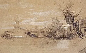 Landskab med køer, en gård og møller by Constant Troyon
