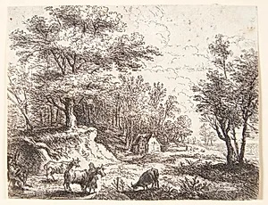 Landskab med køer og to figurer by Lucas van Uden