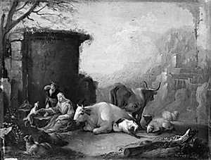 Landskab med kvæg, hyrdinden leger med en hund by Ubekendt