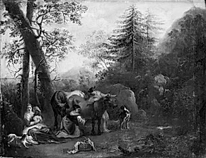 Landskab med kvæg, hyrdinden malker koen by Johann Heinrich Roos
