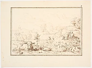 Landskab med løbende bondedreng, dyr, kirke og høj (illustration til eventyret "Bjergmanden og Tordenvejret") by Christen Dalsgaard