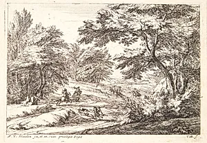 Landskab med mænd på bukkejagt by Jan van Huchtenburg