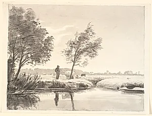Landskab med marker, træer, køer og en bondemand, der spejler sig i forgrundens vand by P.C. Skovgaard