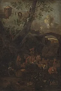 Landskab med muldyr og geder by Monogrammist I.L.