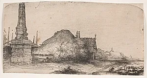 Landskab med obelisk by Rembrandt van Rijn