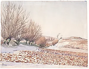 Landskab med piletræer og pløjemark i sne by Fritz Syberg