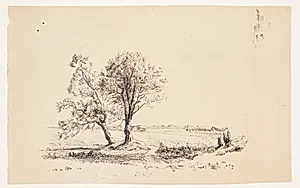 Landskab med piletræer ved et vandløb by Louise Ravn-Hansen
