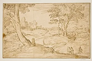 Landskab med pilgrimme på vej til en kirke by Domenico Campagnola