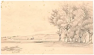 Landskab med pløjemark; t.h. høje træer by Hans Smidth