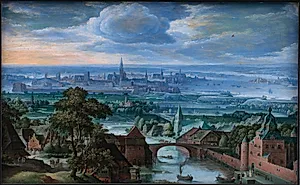 Landskab med prospekt af Antwerpen by Hans Bol