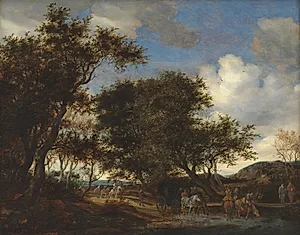 Landskab med rejsende, der vander deres heste by Salomon van Ruysdael