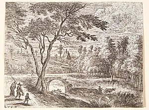 Landskab med ruinerne af en bro by Lucas van Uden