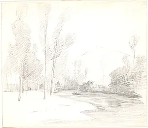 Landskab med sø eller flod og bjerge. Italien? by Theodor Philipsen