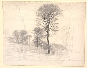 Landskab med spredte træer. "Ryet" ved Farum Sø by Vilhelm Hammershøi