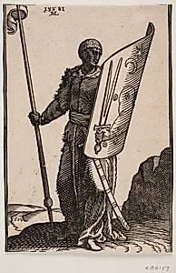 Landskab med stående, mørklødet udseende soldat set forfra; i h. hånd holder han vimpelsmykket spyd, på v. arm et skjold prydet med halvmåne, en stjerne, en arm og en hånd holdende et tvedelt sværd; soldaten er klædt i en skindkappe og bærer en broderet k by Melchior Lorck