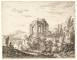 Landskab med tempelruiner by Karel Du Jardin