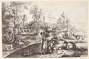 Landskab med to bondekoner by Lucas van Uden