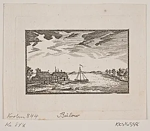 Landskab med to huse og båd på floden