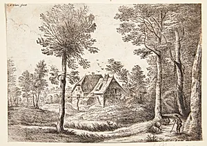 Landskab med to huse og en fårehyrde med en skalmeje by Lucas van Uden