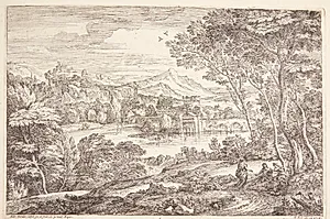Landskab med to kvinder og en mand i skyggen af et træ by Adriaen van der Kabel
