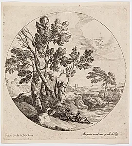 Landskab med to mænd siddende ved en flod by Gaspard Dughet