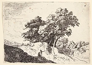 Landskab med to mænd, t.h. en vej med en rytter under høje træer, i baggrunden et hus by Jan van Aken