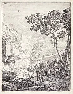 Landskab med to mulæsler på en vej. Rocca Aquatico ved Ancona by Jan Both