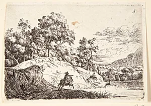 Landskab med to ryttere, der jager en hjort ud i en flod by Jan van Aken