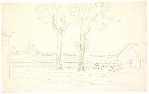 Landskab med to træer i midten. T.h. gavlen af et hus by C.A. Lorentzen