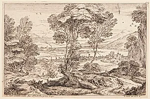 Landskab med to vejfarende, der gør holdt by Adriaen van der Kabel