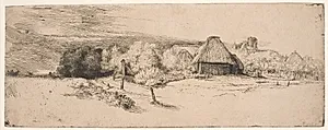 Landskab med træer, bondegårde og et tårn by Rembrandt van Rijn