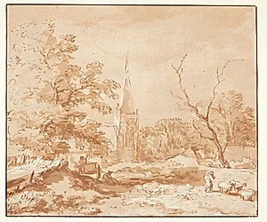 Landskab med træer og en kirke by Allaert van Everdingen