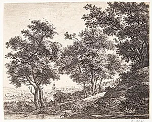Landskab med tre badende ved en sø, i baggrunden en landsby by Anthonie Waterloo