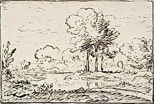 Landskab med tre høje træer ved en flodpynt by Théodore Rousseau
