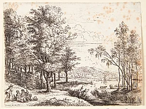 Landskab med tre hvilende figurer ved en sø by Lucas van Uden