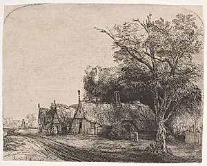Landskab med tre hytter by Rembrandt van Rijn