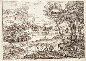 Landskab med tre kvinder siddende i skyggen af et træ by Adriaen van der Kabel