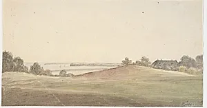 Landskab med vand i baggrunden og hus t.h. by Martinus Rørbye