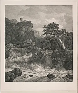 Landskab med vandfald og en klippeborg