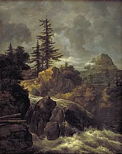 Landskab med vandfald og hytte by Jacob Isaacksz. van Ruisdael