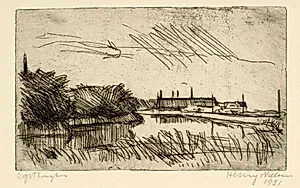 Landskab med vandløb og huse by Henry Nielsen