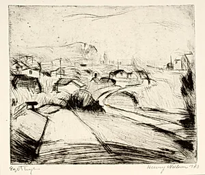 Landskab med vej og huse by Henry Nielsen