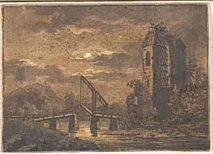 Landskab med vippebro og ruin i måneskin by Caspar David Friedrich
