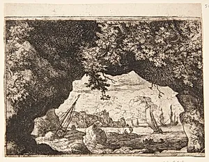 Landskab set gennem et hul i et bjerg by Allaert van Everdingen