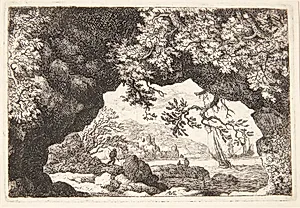 Landskab set gennem et hul i et bjerg by Allaert van Everdingen