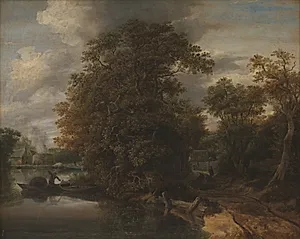 Landskab ved en flod. I baggrunden en kalkovn by Cornelis Gerritsz Decker