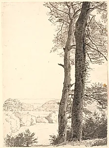 Landskab ved Skarritsø med to høje træer, bøge, i forgrunden. by P.C. Skovgaard